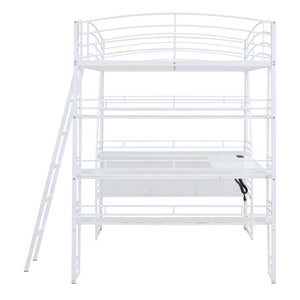 HomeRoots White Metal Full Loft Bed with Desk, Shelves & USB Ports - Space-Saving Solution for Modern Rooms 590367