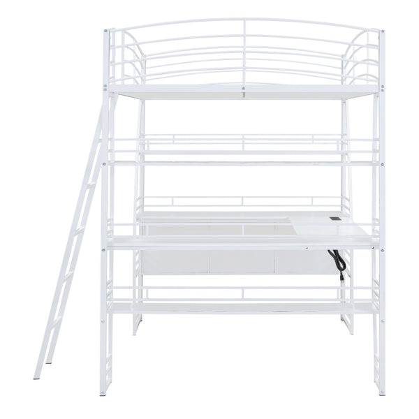 HomeRoots White Metal Full Loft Bed with Desk, Shelves & USB Ports - Space-Saving Solution for Modern Rooms 590367