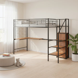 HomeRoots Black Twin Loft Bed with Integrated Desk, Shelves & Sturdy Metal Frame for Space-Saving Solutions 590368