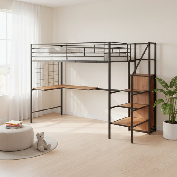 HomeRoots Black Twin Loft Bed with Integrated Desk, Shelves & Sturdy Metal Frame for Space-Saving Solutions 590368