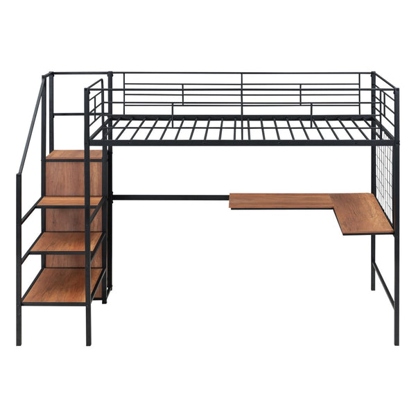 HomeRoots Black Twin Loft Bed with Integrated Desk, Shelves & Sturdy Metal Frame for Space-Saving Solutions 590368