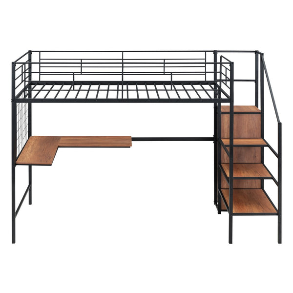HomeRoots Black Twin Loft Bed with Integrated Desk, Shelves & Sturdy Metal Frame for Space-Saving Solutions 590368