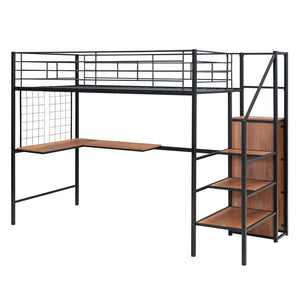HomeRoots Black Twin Loft Bed with Integrated Desk, Shelves & Sturdy Metal Frame for Space-Saving Solutions 590368
