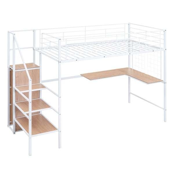 HomeRoots White Twin Loft Bed with Desk & Shelves - Space-Saving Design, Durable Construction, Perfect for Kids! 590369