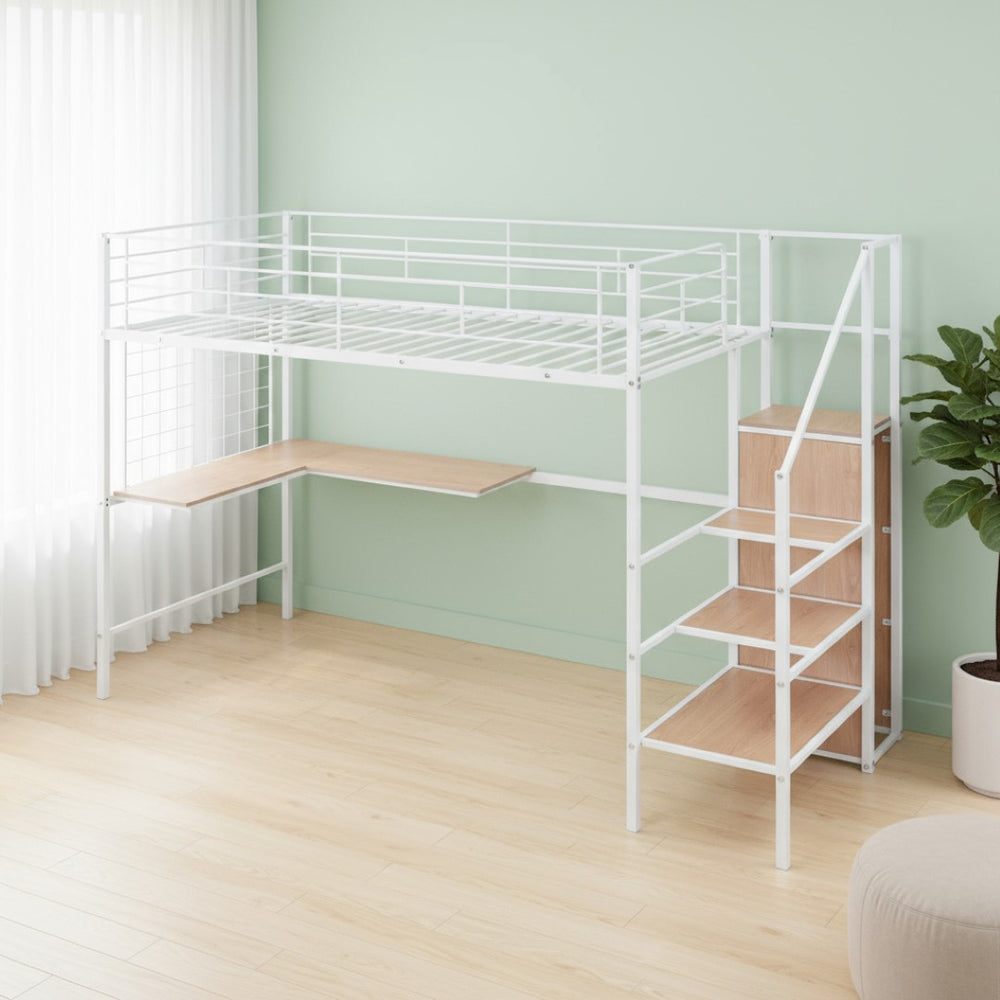 HomeRoots White Twin Loft Bed with Desk & Shelves - Space-Saving Design, Durable Construction, Perfect for Kids! 590369