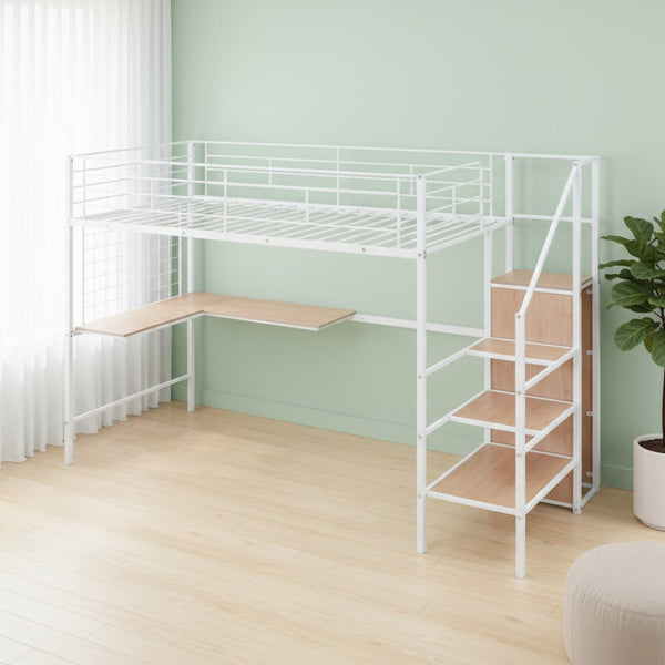 HomeRoots White Twin Loft Bed with Desk & Shelves - Space-Saving Design, Durable Construction, Perfect for Kids! 590369