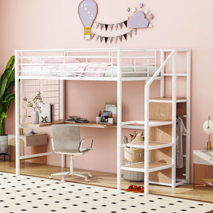 HomeRoots White Twin Loft Bed with Desk & Shelves - Space-Saving Design, Durable Construction, Perfect for Kids! 590369