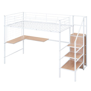 HomeRoots White Twin Loft Bed with Desk & Shelves - Space-Saving Design, Durable Construction, Perfect for Kids! 590369