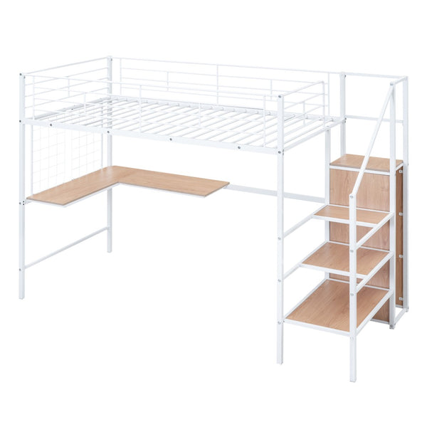HomeRoots White Twin Loft Bed with Desk & Shelves - Space-Saving Design, Durable Construction, Perfect for Kids! 590369