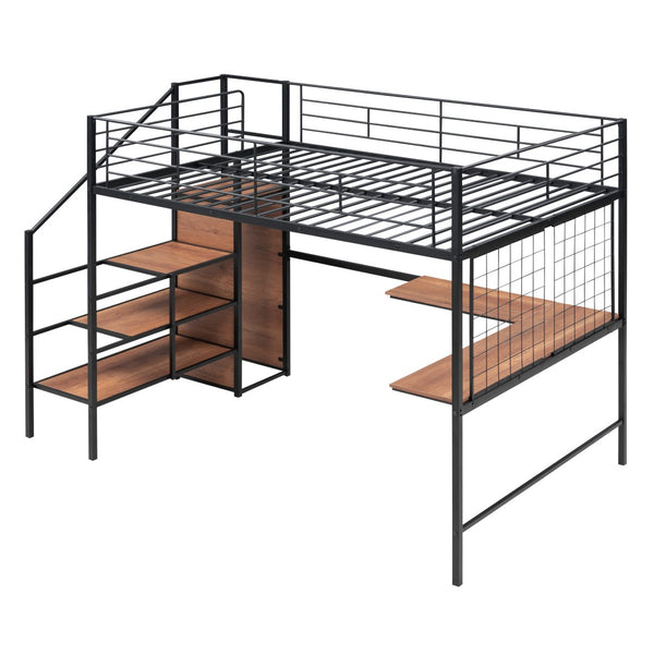 HomeRoots Black Loft Bed with Integrated Desk & Shelves - Space-Saving Design for Modern Bedrooms & Dorms 590370