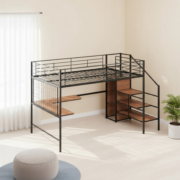 HomeRoots Black Loft Bed with Integrated Desk & Shelves - Space-Saving Design for Modern Bedrooms & Dorms 590370