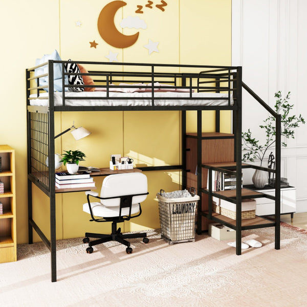 HomeRoots Black Loft Bed with Integrated Desk & Shelves - Space-Saving Design for Modern Bedrooms & Dorms 590370