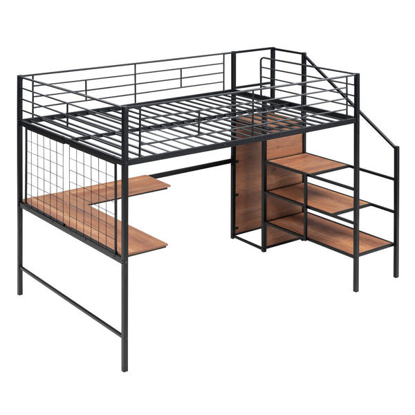 HomeRoots Black Loft Bed with Integrated Desk & Shelves - Space-Saving Design for Modern Bedrooms & Dorms 590370