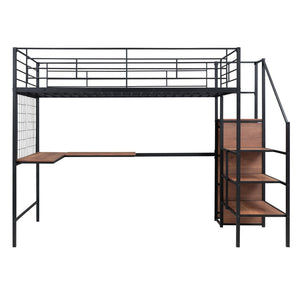 HomeRoots Black Loft Bed with Integrated Desk & Shelves - Space-Saving Design for Modern Bedrooms & Dorms 590370
