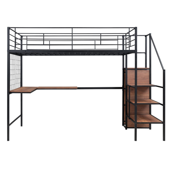 HomeRoots Black Loft Bed with Integrated Desk & Shelves - Space-Saving Design for Modern Bedrooms & Dorms 590370