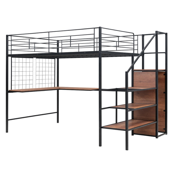 HomeRoots Black Loft Bed with Integrated Desk & Shelves - Space-Saving Design for Modern Bedrooms & Dorms 590370