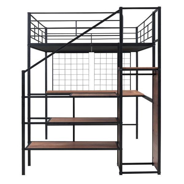 HomeRoots Black Loft Bed with Integrated Desk & Shelves - Space-Saving Design for Modern Bedrooms & Dorms 590370