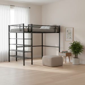 HomeRoots Black Metal Twin Loft Bed with Integrated Desk & Shelves – Space-Saving Style for Small Rooms! 590371