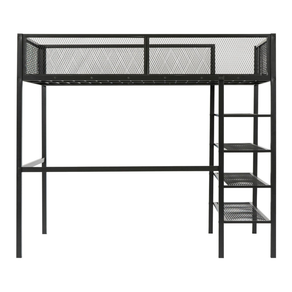 HomeRoots Black Metal Twin Loft Bed with Integrated Desk & Shelves – Space-Saving Style for Small Rooms! 590371
