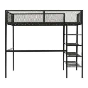 HomeRoots Black Metal Twin Loft Bed with Integrated Desk & Shelves – Space-Saving Style for Small Rooms! 590371