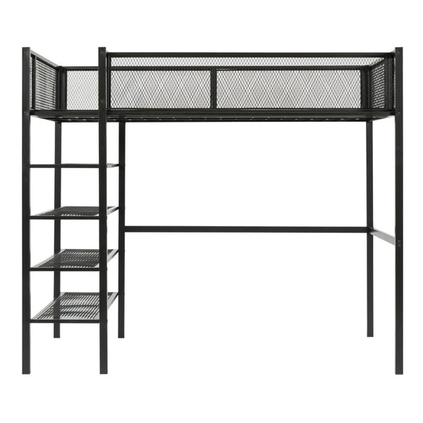 HomeRoots Black Metal Twin Loft Bed with Integrated Desk & Shelves – Space-Saving Style for Small Rooms! 590371