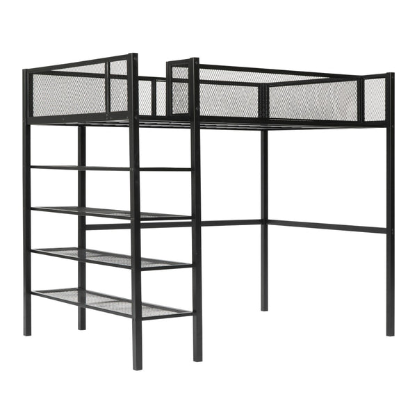 HomeRoots Black Metal Twin Loft Bed with Integrated Desk & Shelves – Space-Saving Style for Small Rooms! 590371