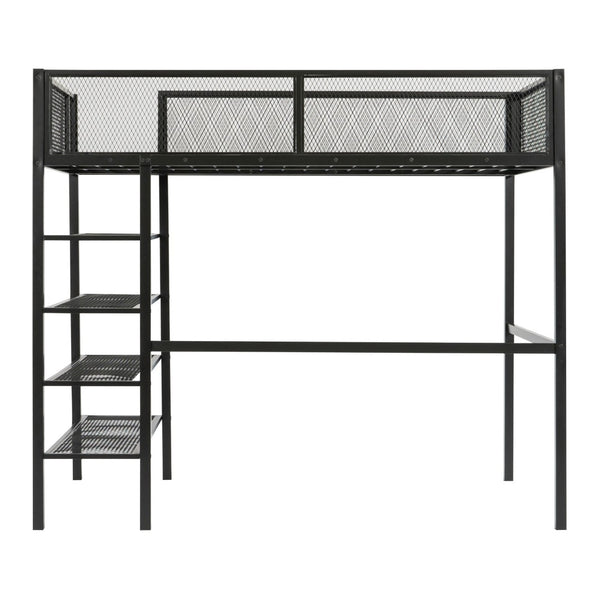 HomeRoots Black Metal Twin Loft Bed with Integrated Desk & Shelves – Space-Saving Style for Small Rooms! 590371