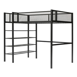 HomeRoots Black Metal Twin Loft Bed with Integrated Desk & Shelves – Space-Saving Style for Small Rooms! 590371