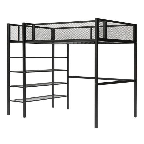 HomeRoots Black Metal Twin Loft Bed with Integrated Desk & Shelves – Space-Saving Style for Small Rooms! 590371