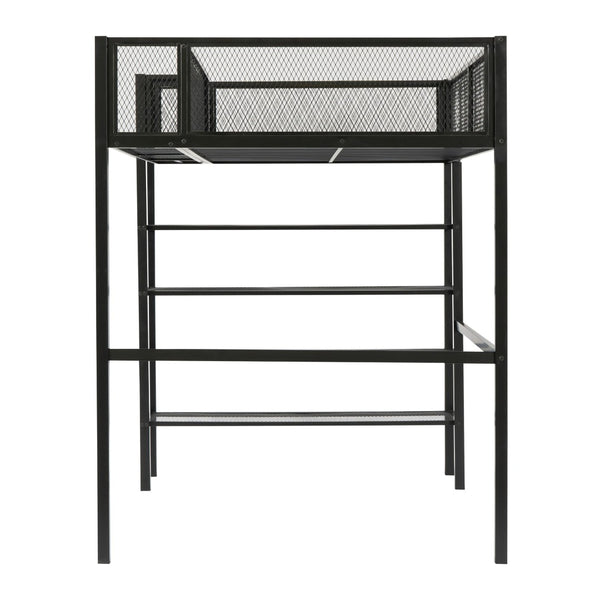 HomeRoots Black Metal Twin Loft Bed with Integrated Desk & Shelves – Space-Saving Style for Small Rooms! 590371