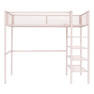 HomeRoots Pink Twin Loft Bed with Integrated Desk, Shelves & Sturdy Metal Frame - Space-Saving Fun for Kids 590372