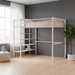 HomeRoots Pink Twin Loft Bed with Integrated Desk, Shelves & Sturdy Metal Frame - Space-Saving Fun for Kids 590372