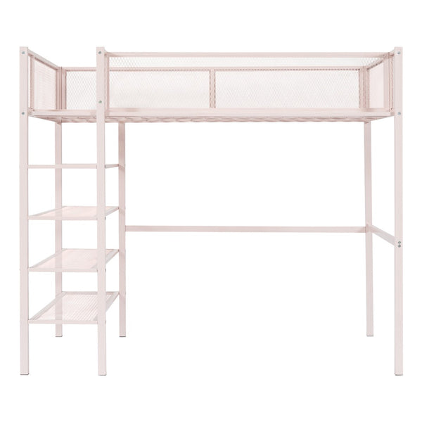 HomeRoots Pink Twin Loft Bed with Integrated Desk, Shelves & Sturdy Metal Frame - Space-Saving Fun for Kids 590372