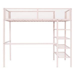 HomeRoots Pink Twin Loft Bed with Integrated Desk, Shelves & Sturdy Metal Frame - Space-Saving Fun for Kids 590372