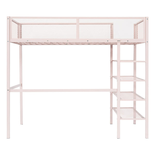 HomeRoots Pink Twin Loft Bed with Integrated Desk, Shelves & Sturdy Metal Frame - Space-Saving Fun for Kids 590372