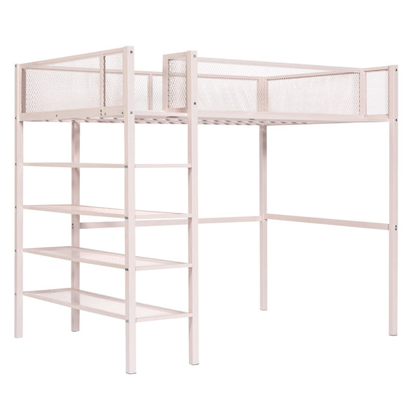 HomeRoots Pink Twin Loft Bed with Integrated Desk, Shelves & Sturdy Metal Frame - Space-Saving Fun for Kids 590372