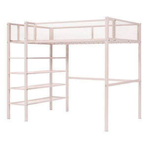 HomeRoots Pink Twin Loft Bed with Integrated Desk, Shelves & Sturdy Metal Frame - Space-Saving Fun for Kids 590372