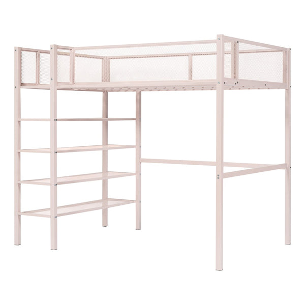HomeRoots Pink Twin Loft Bed with Integrated Desk, Shelves & Sturdy Metal Frame - Space-Saving Fun for Kids 590372