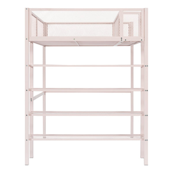 HomeRoots Pink Twin Loft Bed with Integrated Desk, Shelves & Sturdy Metal Frame - Space-Saving Fun for Kids 590372