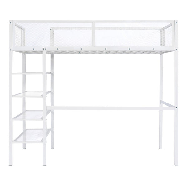 HomeRoots White Twin Loft Bed with Desk & Shelves - Space-Saving Metal Frame for Stylish Bedrooms & Study Areas 590373