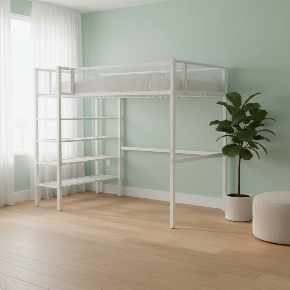 HomeRoots White Twin Loft Bed with Desk & Shelves - Space-Saving Metal Frame for Stylish Bedrooms & Study Areas 590373