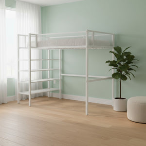 HomeRoots White Twin Loft Bed with Desk & Shelves - Space-Saving Metal Frame for Stylish Bedrooms & Study Areas 590373