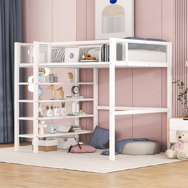 HomeRoots White Twin Loft Bed with Desk & Shelves - Space-Saving Metal Frame for Stylish Bedrooms & Study Areas 590373