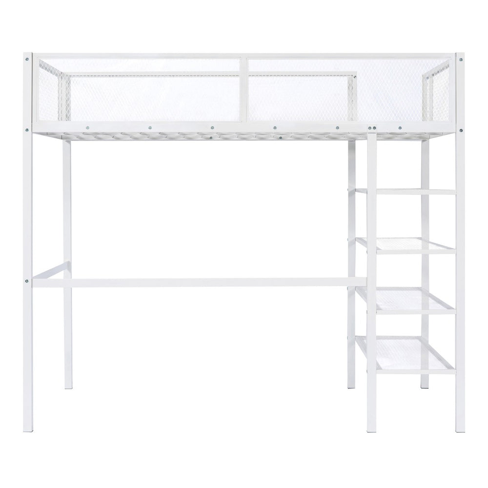 HomeRoots White Twin Loft Bed with Desk & Shelves - Space-Saving Metal Frame for Stylish Bedrooms & Study Areas 590373