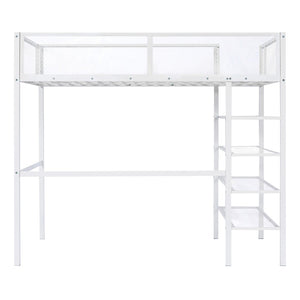 HomeRoots White Twin Loft Bed with Desk & Shelves - Space-Saving Metal Frame for Stylish Bedrooms & Study Areas 590373