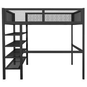 HomeRoots Black Metal Full Double Loft Bed with Integrated Storage Shelves – Stylish, Space-Saving Design! 590374