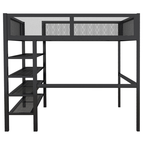 HomeRoots Black Metal Full Double Loft Bed with Integrated Storage Shelves – Stylish, Space-Saving Design! 590374