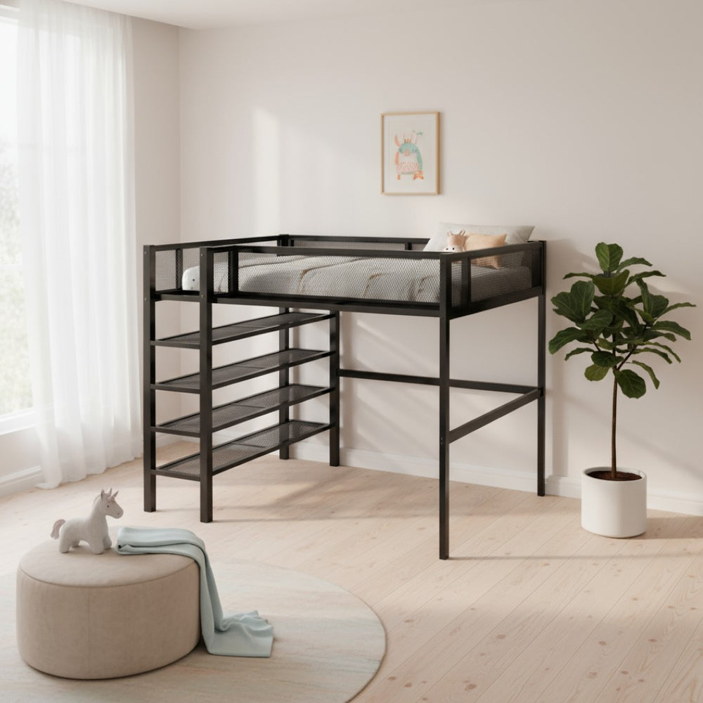 HomeRoots Black Metal Full Double Loft Bed with Integrated Storage Shelves – Stylish, Space-Saving Design! 590374