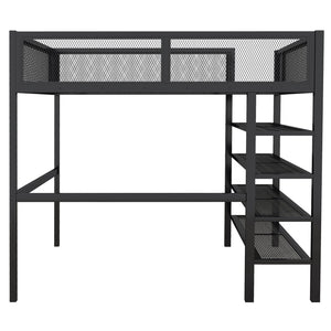 HomeRoots Black Metal Full Double Loft Bed with Integrated Storage Shelves – Stylish, Space-Saving Design! 590374