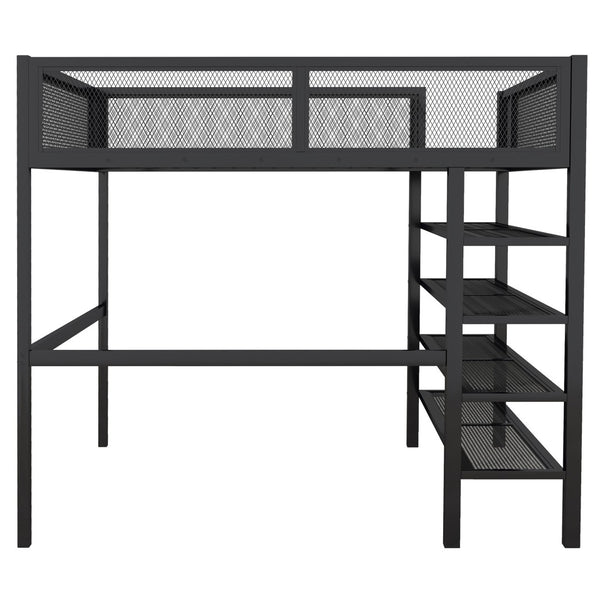 HomeRoots Black Metal Full Double Loft Bed with Integrated Storage Shelves – Stylish, Space-Saving Design! 590374